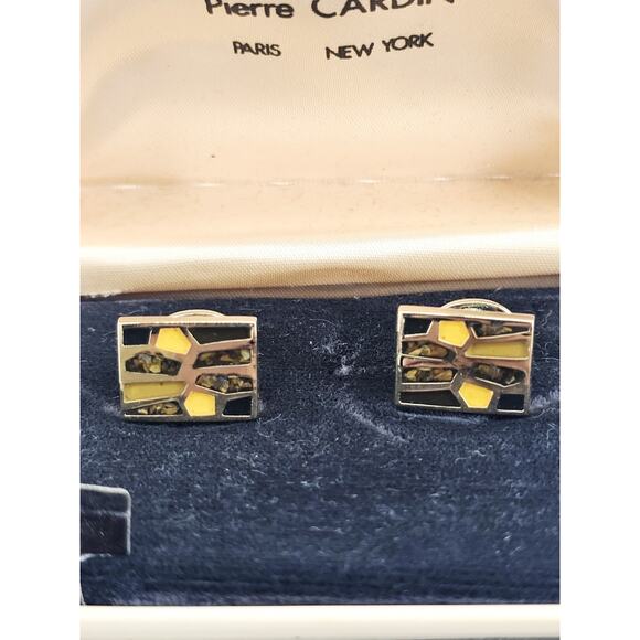 Rare Pierre Cardin Genuine Tiger Eye Inlay Mosaic Gold Tone Cufflinks NOS - Picture 2 of 9